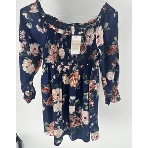 Xhilaration‎ Floral 3/4 Sleeve Mini Dress in Blue - Size Large